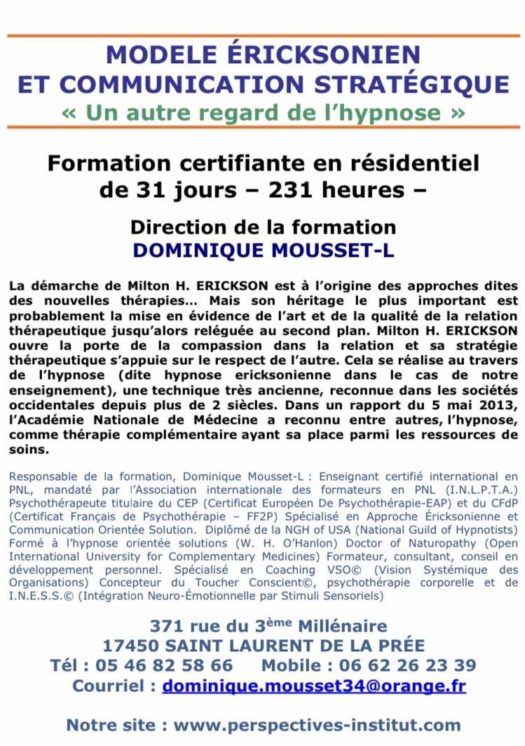 Une petit visuel de la 1ère page de la plaquette de la formation d'hypnose.